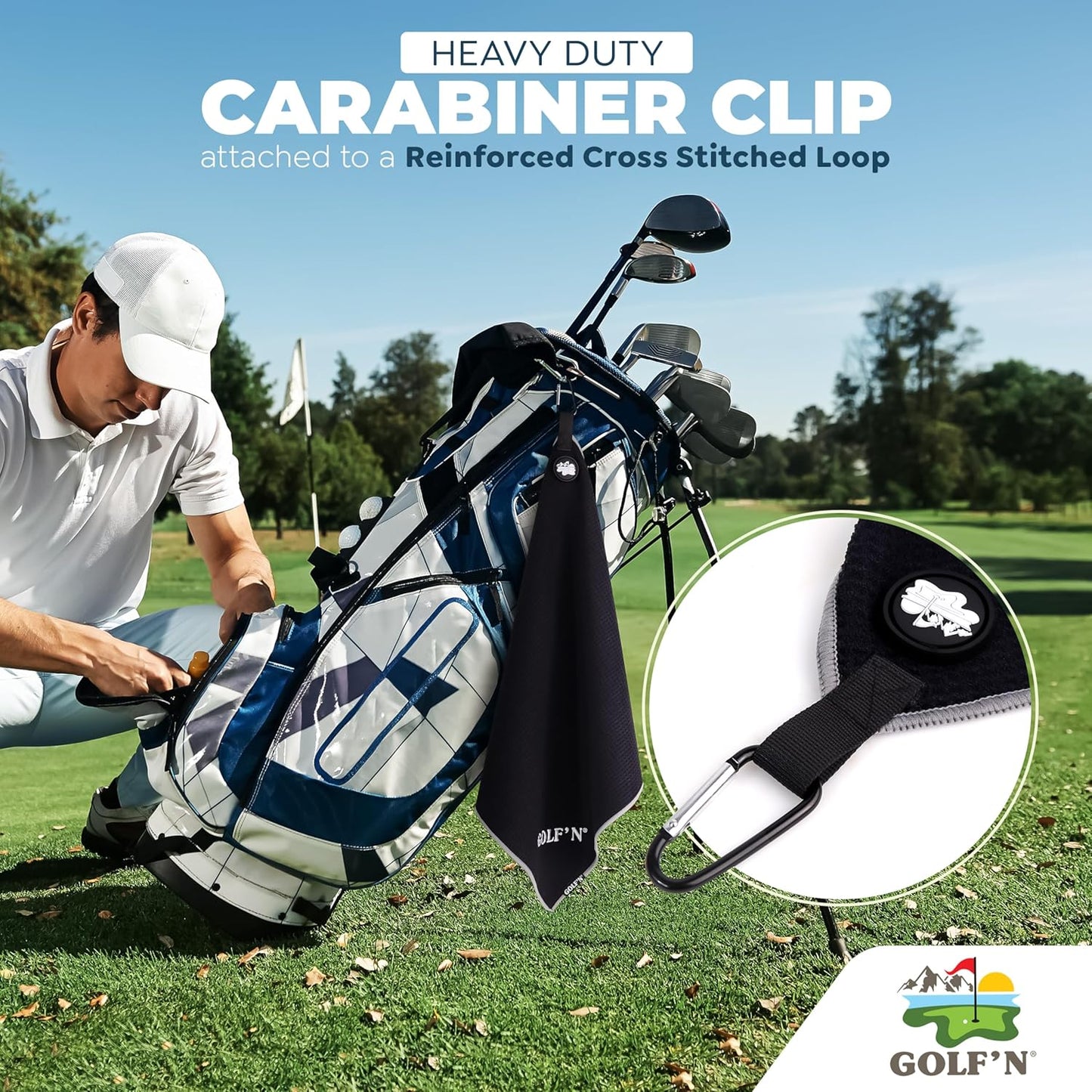 Golf'N Microfiber Towel - Magnetic Golf Towel Black 18" x 18" Golf Towels for Golf Bags with N52 Heavy Duty Magnets, Carabiner Clip & Cross Stitched Reinforced Loop, Premium Golf Accessories