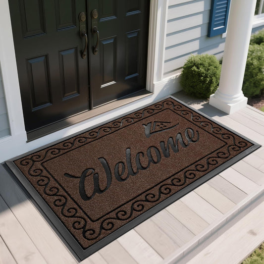 Yimobra Welcome Mat, Heavy Duty Sturdy Door Mats for Home Entrance Outdoor Indoor, Front Doormat for Outside Patio Floor Entry Porch Garage Office, Waterproof, Low Profile, 60 x 36, Coffee