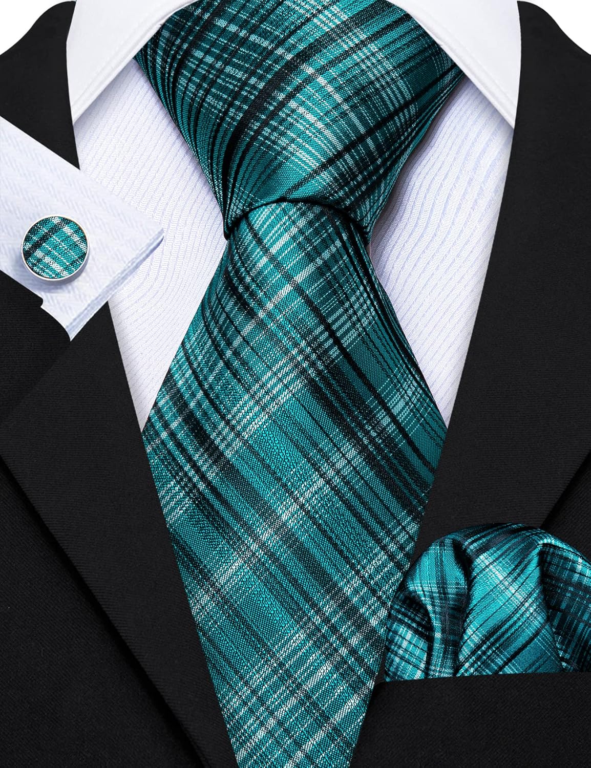 Barry.Wang Designer Classic Ties for Men Set Formal Pocket Square Cufflink Check Plaid