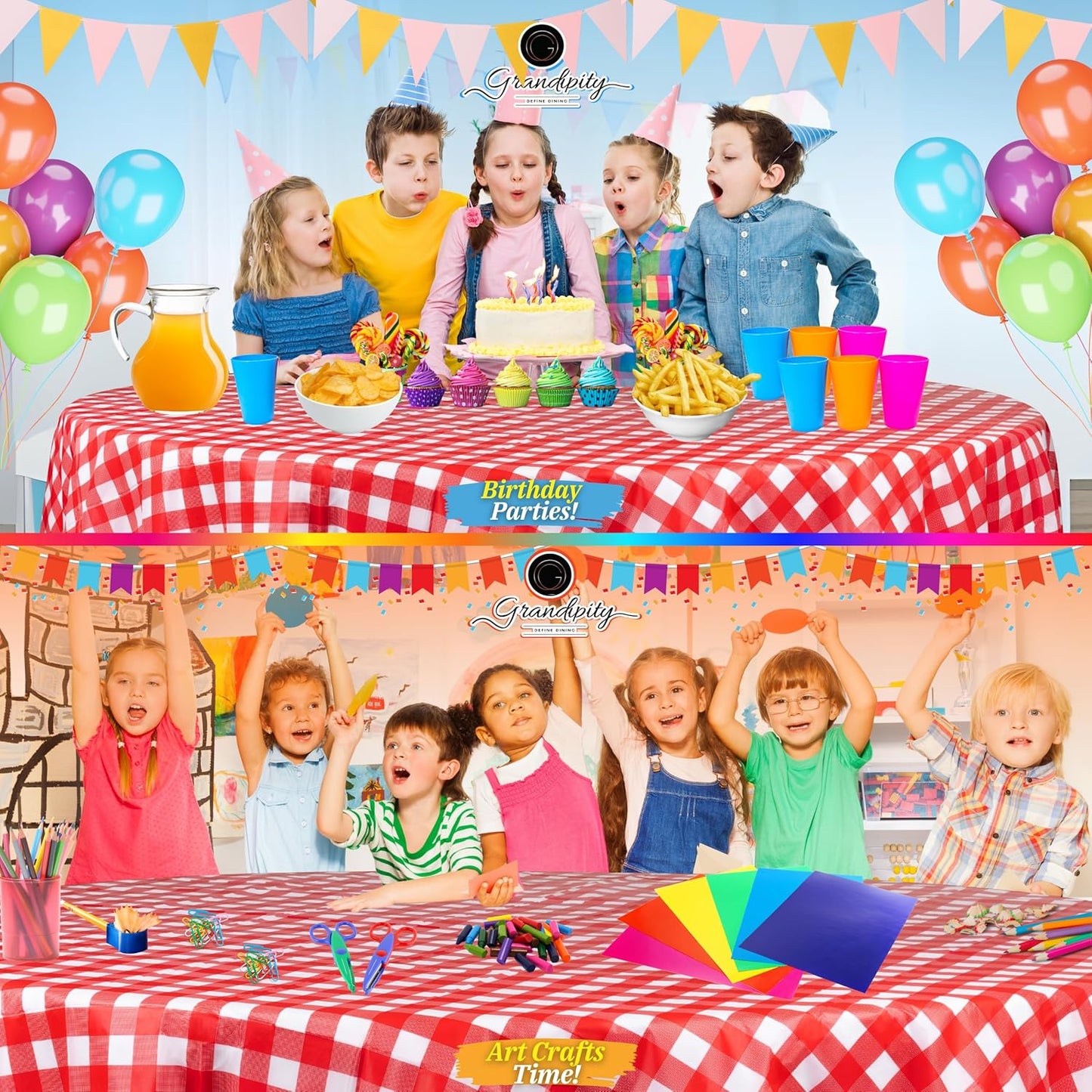 Grandipity 12 Pack Premium Disposable Plastic Picnic Tablecloth 84" Inch Decorative Round Table Cover - Red Checkered Gingham