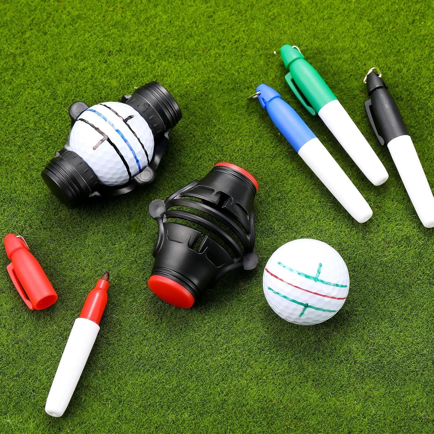 6 Pack Golf Ball Marker Line Tool 360 Degree Triple Line Ball Marker Stencil Tool Golf Accessories for Men with 2 Marking Stencils and 4 Vibrant Colors Pen