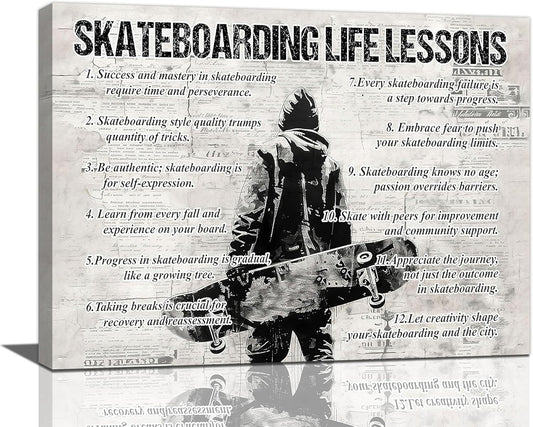 Skateboarding Sports Wall Art Skateboarding Life Lessons Wall Decor Skateboard Sign Retro Poster Boy Men Motivational Decorations Canvas Print Painting Artwork for Bedroom Living Room Gym 16"x12"