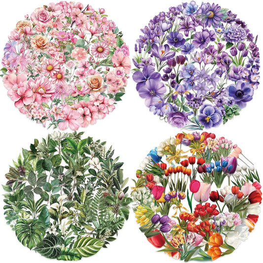 200 Pcs Natural Flower Stickers for Scrapbooking, Self-Adhesive Transparent Floral Stickers in 4 Colors, Journaling Supplies for Adult Card Making, Water Bottle Decoration(Natural Floral)
