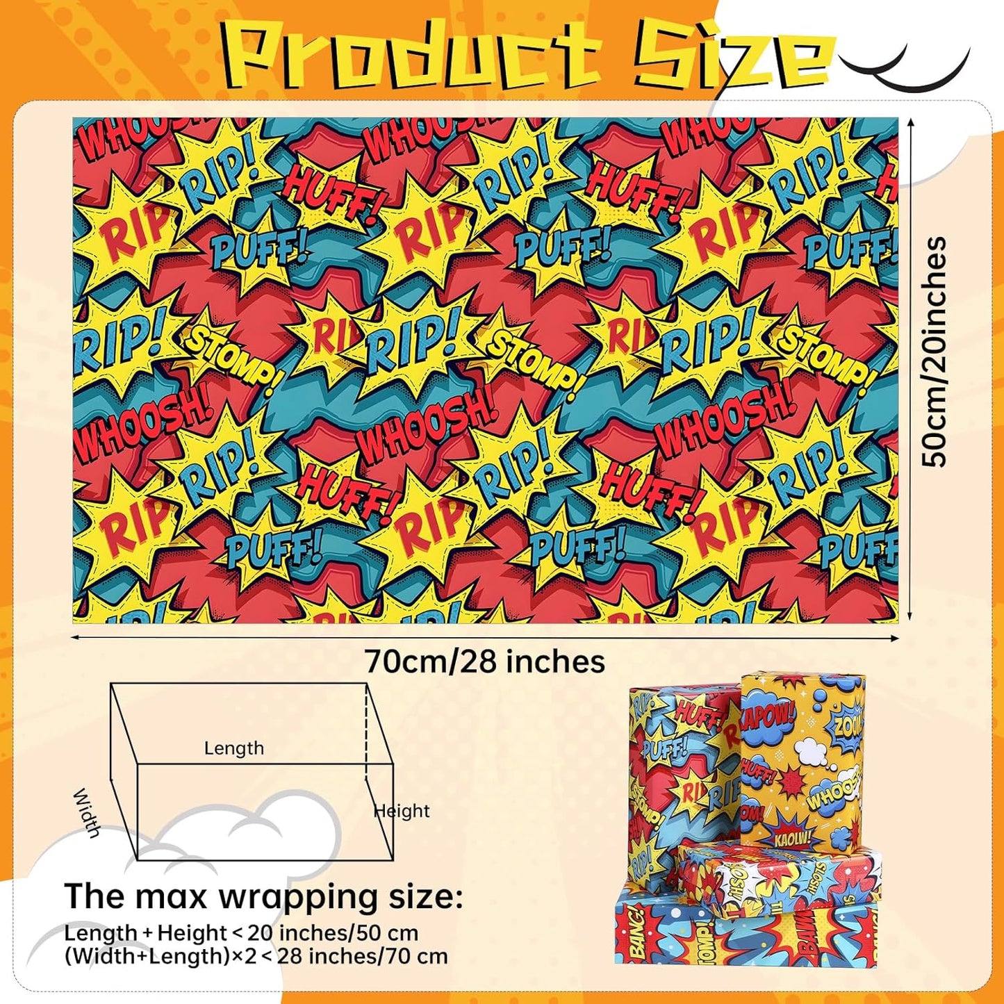 Pineraap Comic Wrapping Paper 12 Sheets Colorful Talk Bubbles Designs Cartoon Gift Wrap for Birthday,Party,20"×28"