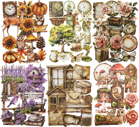 Woodland Forest Cardstock Sticker Set, 150PCS Vintage Nature-Themed Stickers for Scrapbooking, Journaling, Collage, and DIY Crafts
