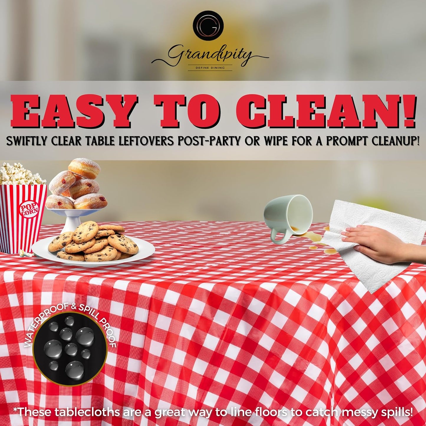 Grandipity 12 Pack Premium Disposable Plastic Picnic Tablecloth 84" Inch Decorative Round Table Cover - Red Checkered Gingham