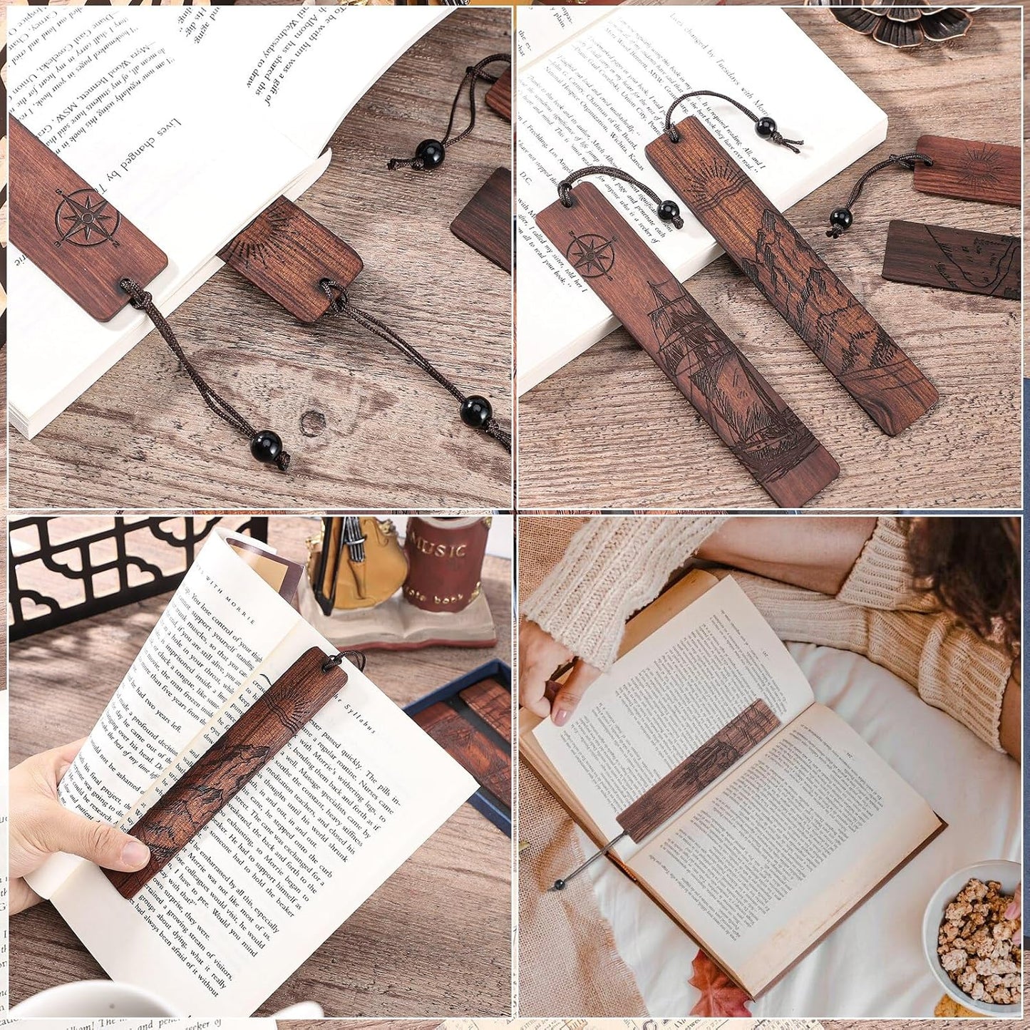 4Pcs Wood Bookmark for Men,Adventure Wooden Carving Book Mark Vintage Bookmark Christmas Gift for Men Book Lovers Birthday Present Students Teachers Appreciation