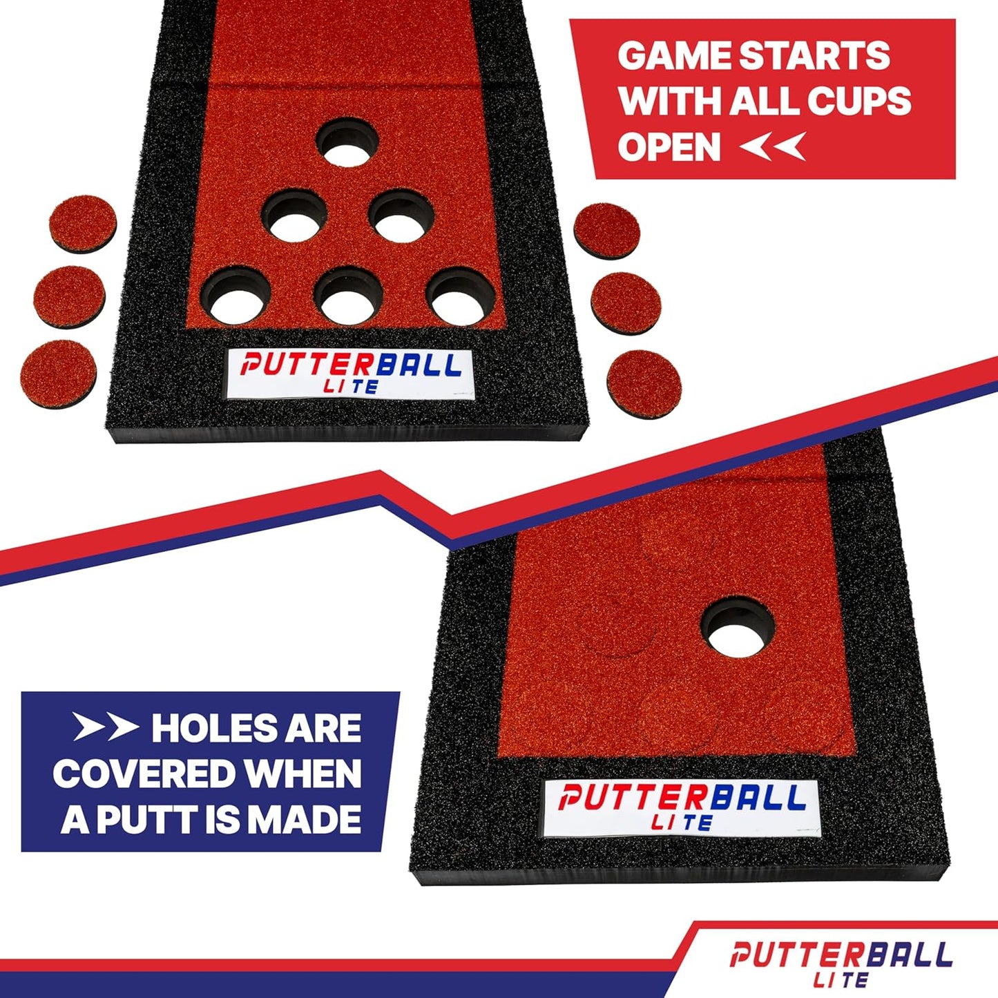 PutterBall Lite Original Golf Putting Game Set – Backyard 9 ft Putting Green Pong Style Golf Mat with 2 Putters, 2 Balls & Hole Covers