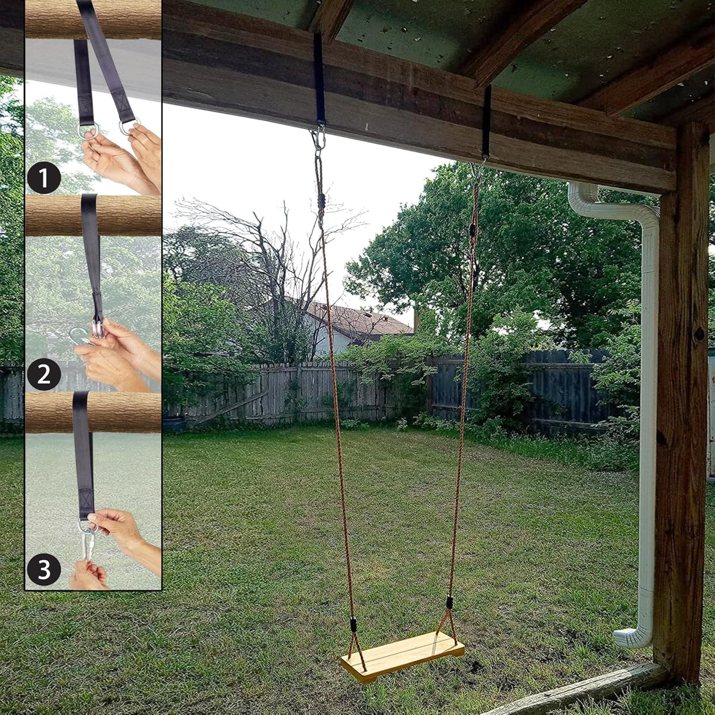 KINSPORY Wooden Swing Seat, Outdoor Swing Set Accessories for Backyard, Height Adjustable Rope with Hanging Tree Straps Kit for Porch Patio Garden Playgroud (Light Yellow)