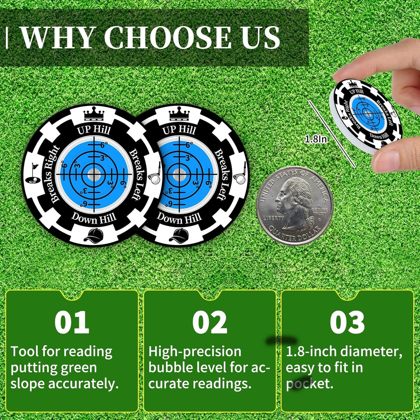 Golf Green Reader, 2 Pack Golf Ball Marker Hat Clip with High Precision Horizontal Bubble, Putting Training Aid Golf Accessories Tool Gift for Men Women