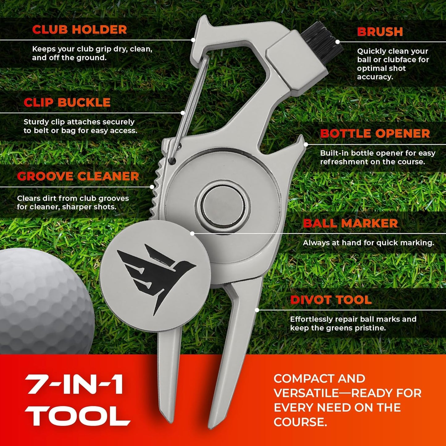 SWIFTEE Golf Divot Pitch Mark Repair Tool 7-in-1 - Club Holder, Brush, Clip Buckle, Groove Cleaner, Bottle Opener, Ball Marker, Divot Tool - Gift Box Included