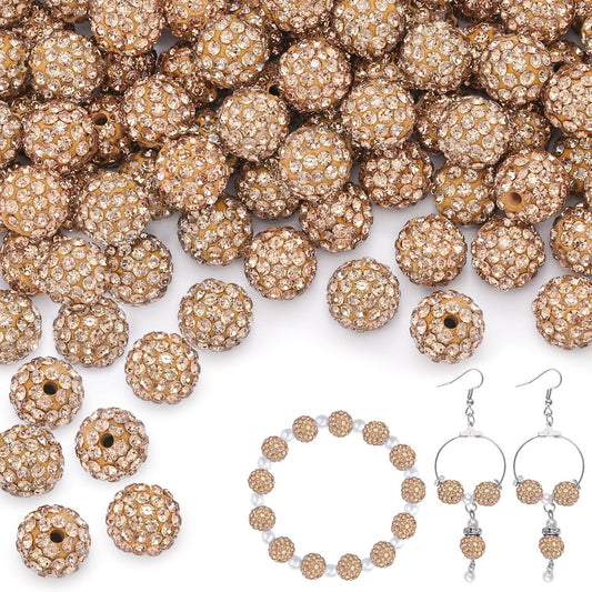100 pcs 10mm Rhinestone Beads for Jewelry Making, Light Brown Shiny Round Shamballa Disco Beads Bulk, Sparkle Crystal Clay Christmas for Bracelet Baseball Necklace Earring Crafting and DIY