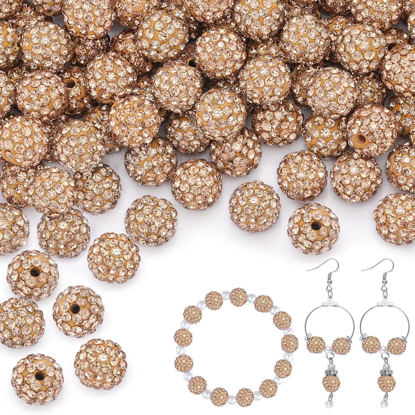 150 pcs 10mm Rhinestone Beads for Jewelry Making, Light Brown Shiny Round Shamballa Disco Beads Bulk, Sparkle Crystal Clay Christmas for Bracelet Baseball Necklace Earring Crafting and DIY