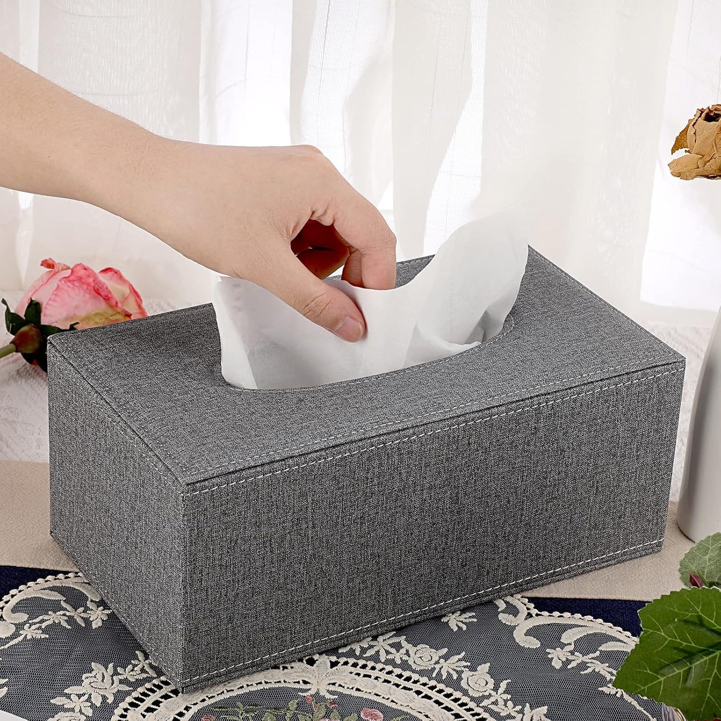 Sumnacon Tissue Box Cover Rectangle Linen Tissue Box, Stylish Tissue Box Holder with Magnetic Bottom,Decorative Tissue Cover for Bathroom Living Room Toilet Table Desk Office Car, Grey