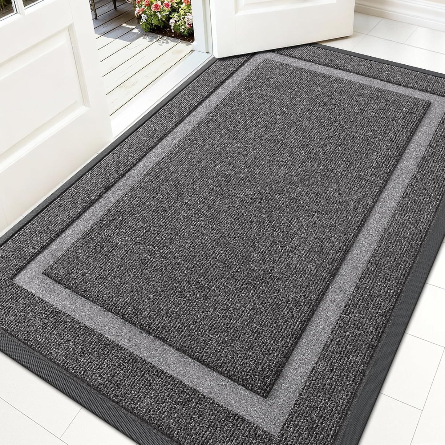 OLANLY Front Door Mat Indoor Outdoor Entrance, Waterproof All-Season, All-Weather Doormat, Sturdy Natural Rubber, Fade Resistant, Low Profile, Easy Clean Patio Porch Entryway Mat, 59x35, Dark Grey