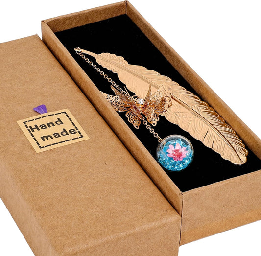 Metal Feather Bookmark with Butterfly Charm – Christmas Gifts for Women, Teachers & Book Lovers – Stocking Stuffers, Secret Santa, Birthday & Holiday Gift Box