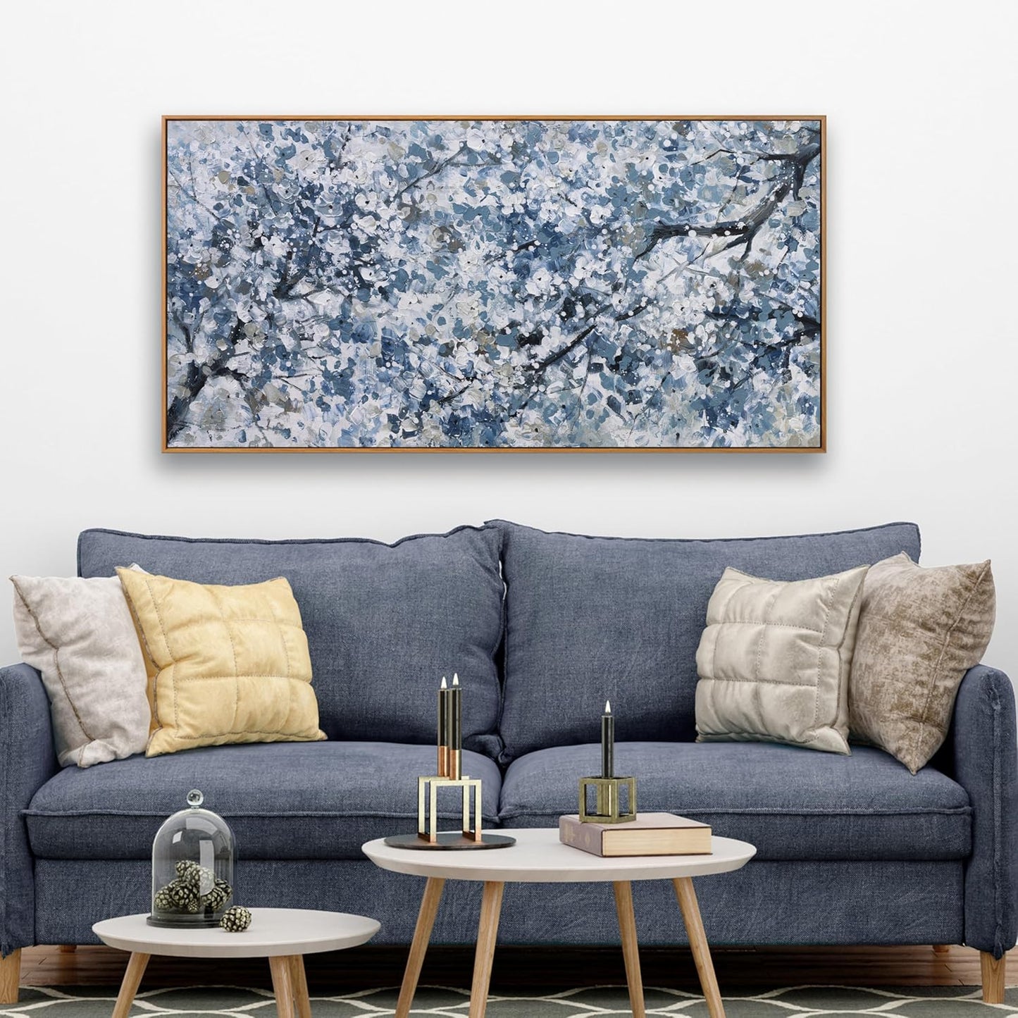 Canvas Wall Art Oil Painting Dark Blue And White Abstract Flower Tree Plants Wall Decor Pictures For Bedroom Canvas Botanical Wall Art Decorations Artwork For Living Room Home Office 20"×40"Framed