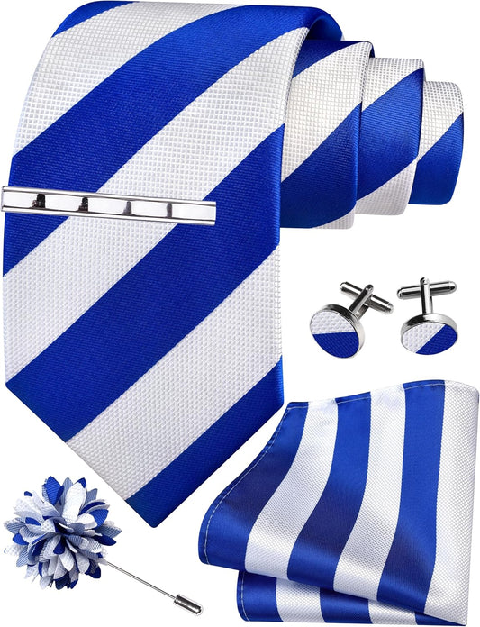 GUSLESON Tie Set for Men Necktie and Pocket Square,Tie Clip,Cufflinks, Lapel Pin Sets with Gift Box 5PCS