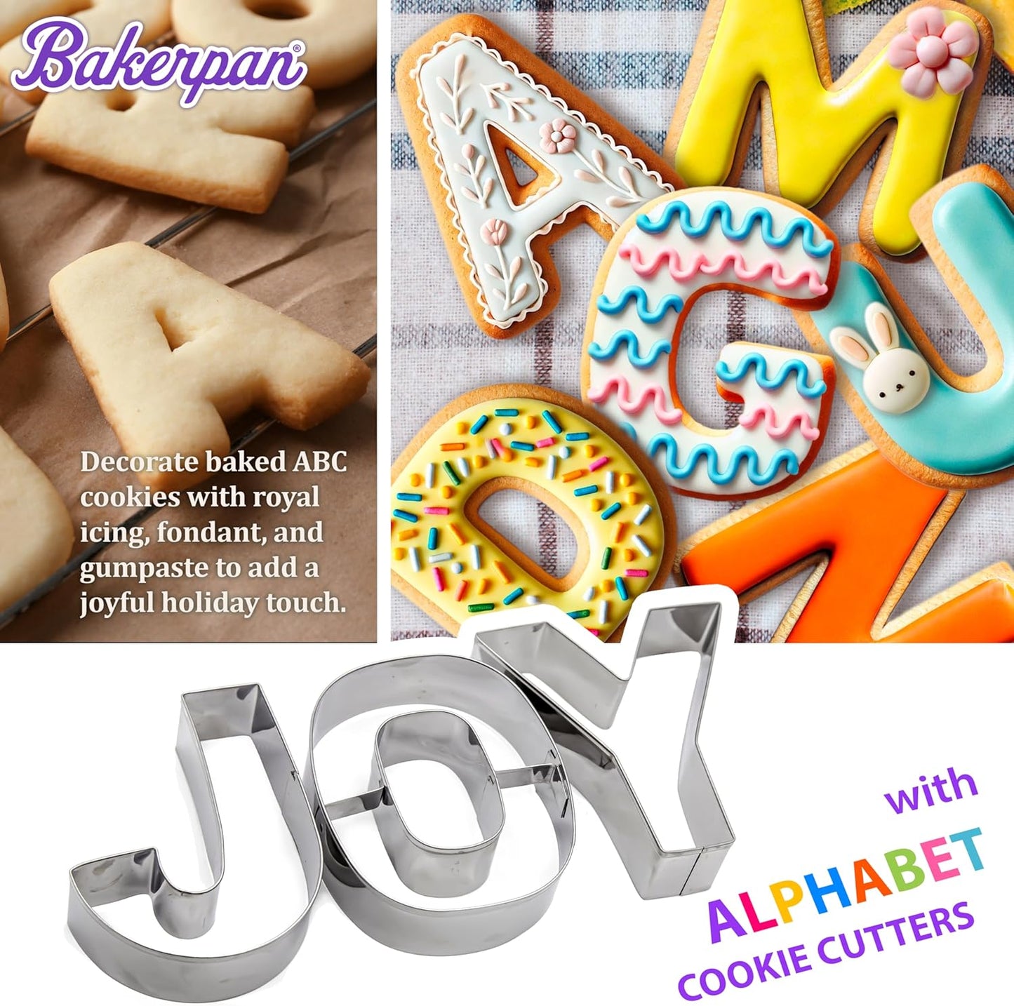 Bakerpan Stainless Steel Alphabet Cookie Cutter Set, Big 3.5 Inch English Letters, 26 Large ABC Cookie Cutters, with Bonus Dough Cutter