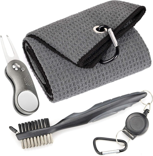 Mile High Life Microfiber Waffle Pattern Golf Towel | Club Groove Cleaner Brush | Foldable Divot Tool with Magnetic Ball Marker (Dark Gray Towel/Brush/Curve Divot)