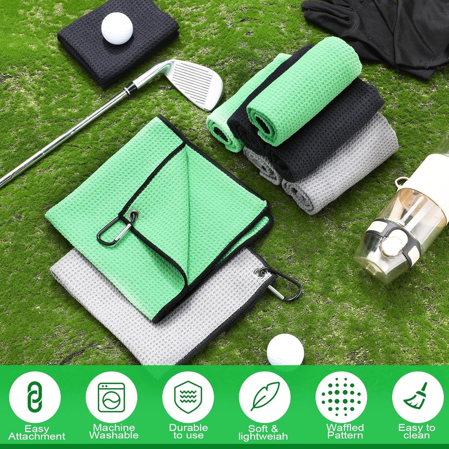 Batiyeer 12 Pcs Golf Towel Bulk for Golf Bags 16'' x 16'' Microfiber Fabric Towel with Clip Waffle Pattern, Fitness, Camping, Hiking, Yoga