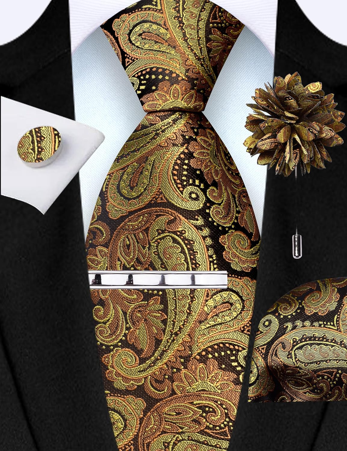 GUSLESON Tie Set for Men Necktie and Pocket Square,Tie Clip,Cufflinks, Lapel Pin Sets with Gift Box 5PCS