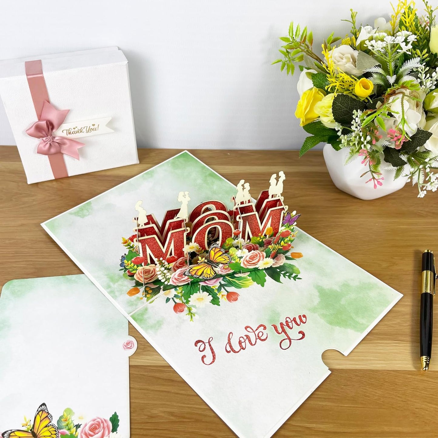 3D Popup Card for Mom - Handmade I Love You Card from Daughter - Floral Paper Art for Birthday, Mother’s Day, Christmas, Valentine’s - Unique Gift for Mom, Mama, Mother, Mommy