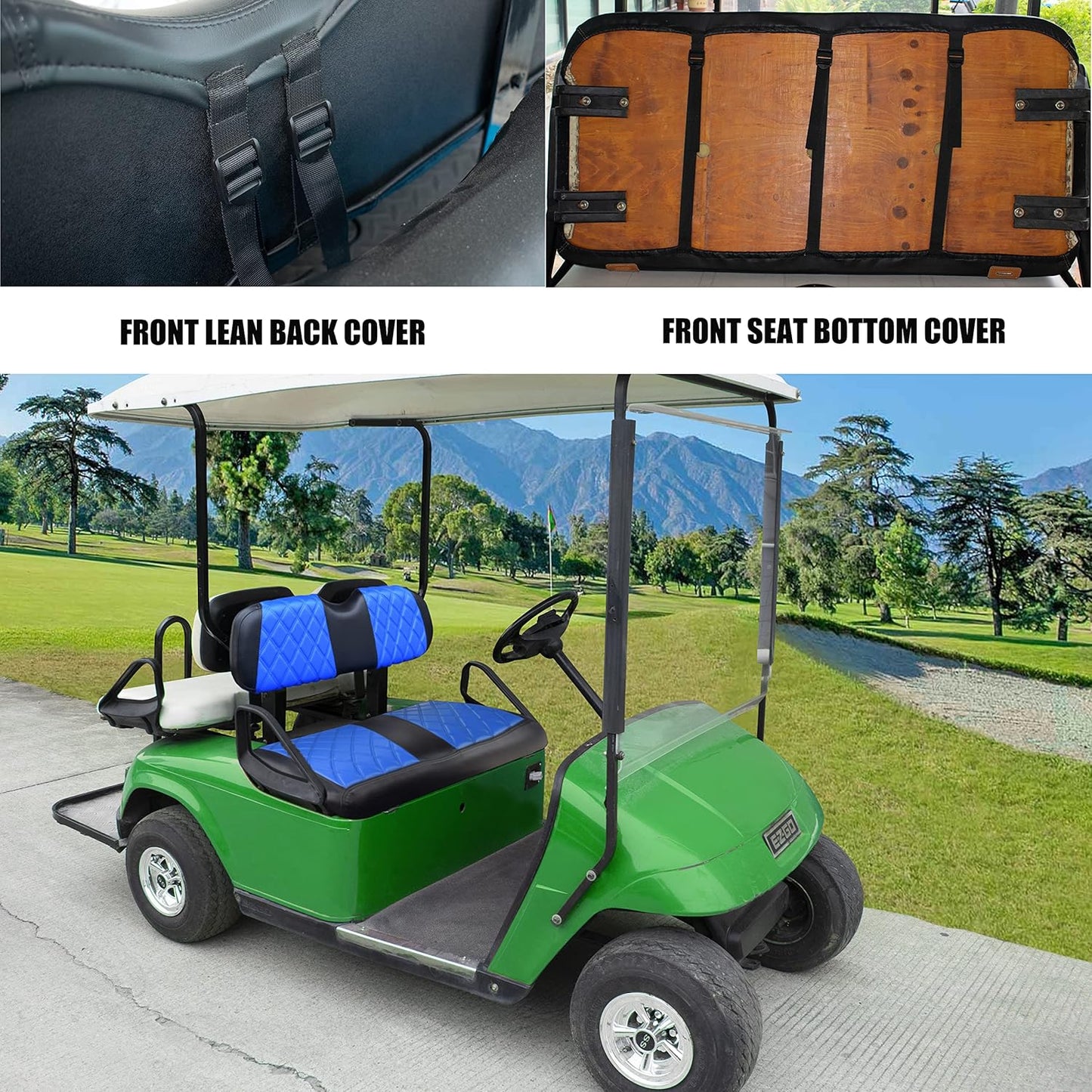 NOKINS Golf Cart Diamond Seat Covers Kit, Fit for EZGO TXT 1994-2013/EZGO RXV OEM Standard Front Seat Cushion, Golf Cart Vinyl Seat Cover, No Nails Required (Blue and Black)