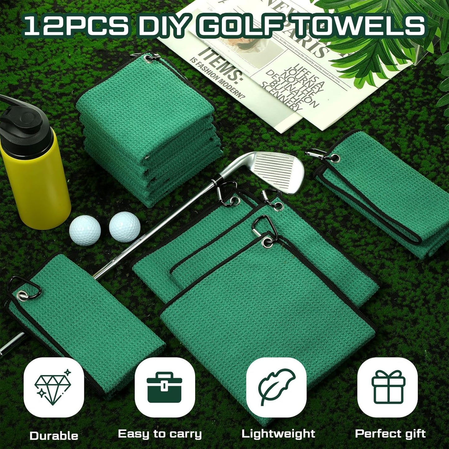 Batiyeer 12 Pcs Golf Towel Bulk for Golf Bags 16'' x 16'' Microfiber Fabric Towel with Clip Waffle Pattern, Fitness, Camping, Hiking, Yoga