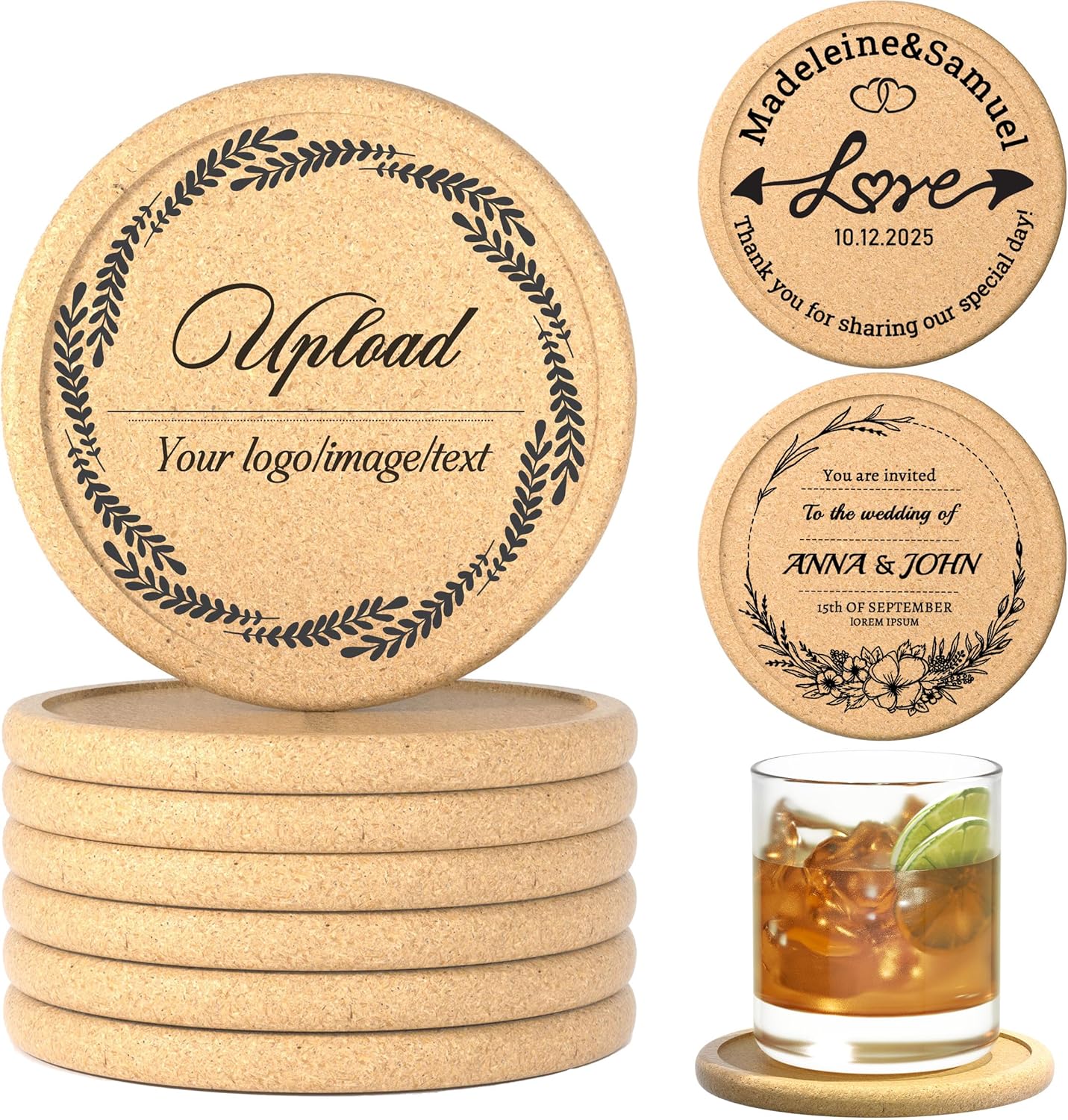 30-100Pcs Personalized Cork Coastersfor Drink, Custom Drink CoasterSet with Lip, Laser Engraved Name Text Logo, Non-Slip, Heat-Resistant, Absorbent Bar Coasters, Wedding Anniversary Housewarming Gift