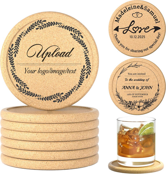 30-100Pcs Personalized Cork Coastersfor Drink, Custom Drink CoasterSet with Lip, Laser Engraved Name Text Logo, Non-Slip, Heat-Resistant, Absorbent Bar Coasters, Wedding Anniversary Housewarming Gift