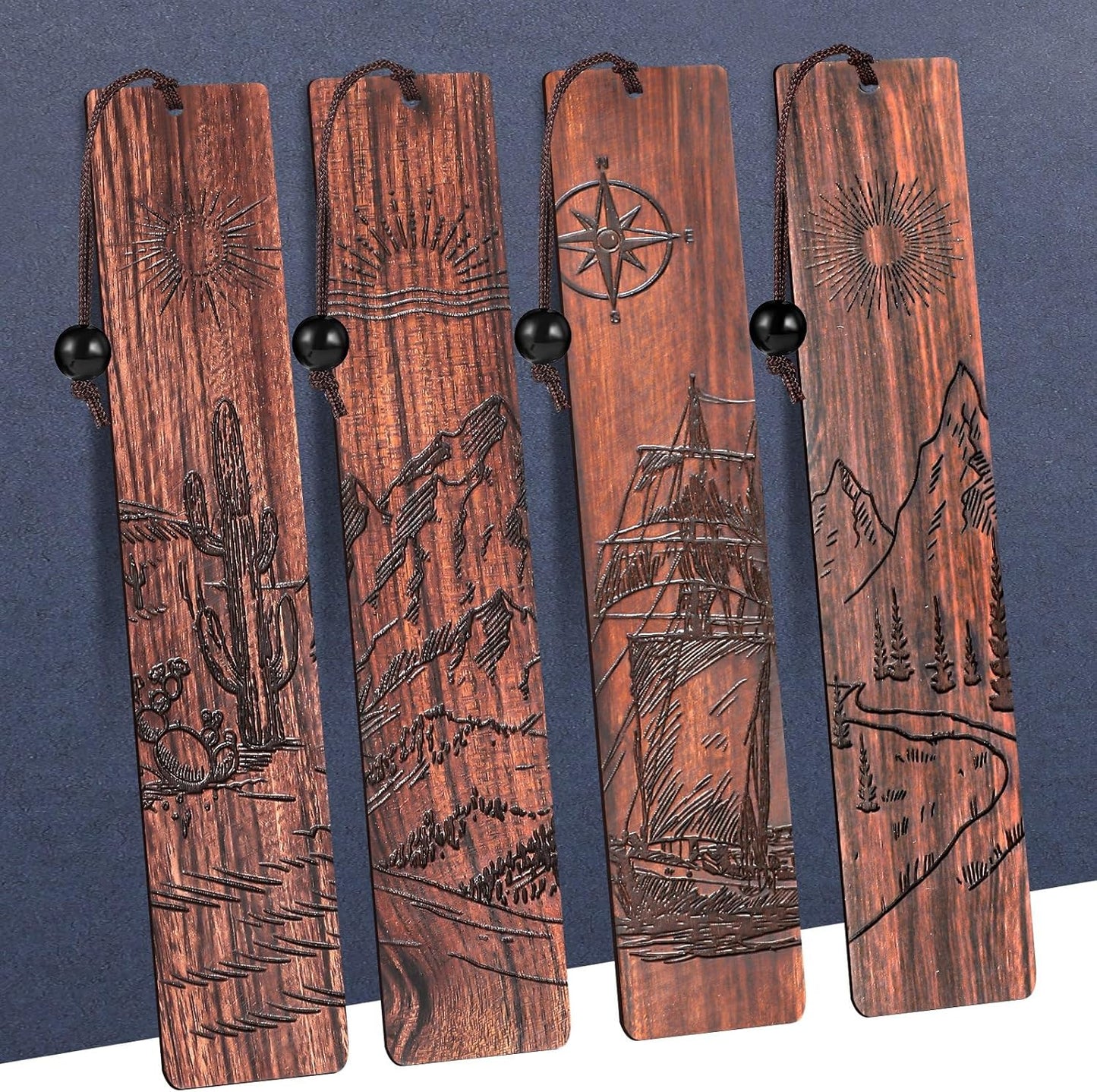 4Pcs Wood Bookmark for Men,Adventure Wooden Carving Book Mark Vintage Bookmark Christmas Gift for Men Book Lovers Birthday Present Students Teachers Appreciation