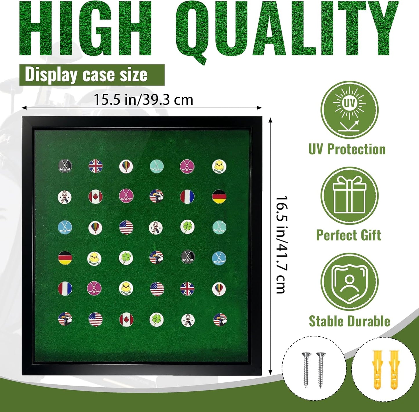 100 Golf Ball Marker Display Case Magnetic 15.5" W x 16.5" H Wall Mounted Ball Marker Display Frame Shadow Box Acrylic Cover Magnetic Back Panel Suitable for Collecting Golf Ball Marker