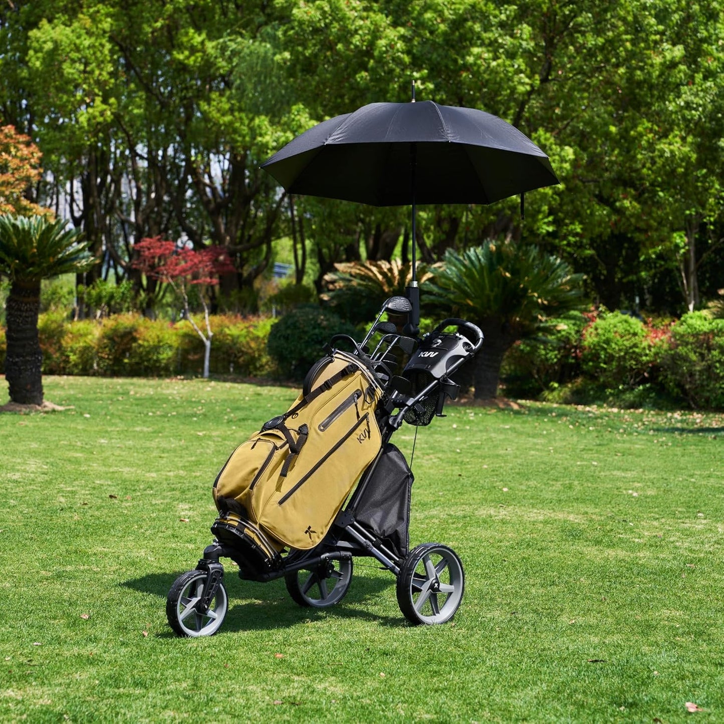 KVV 3 Wheel 360 Rotating Front Wheel Golf Push Cart Open and Close in ONE Second-Free Umbrella Holder Included