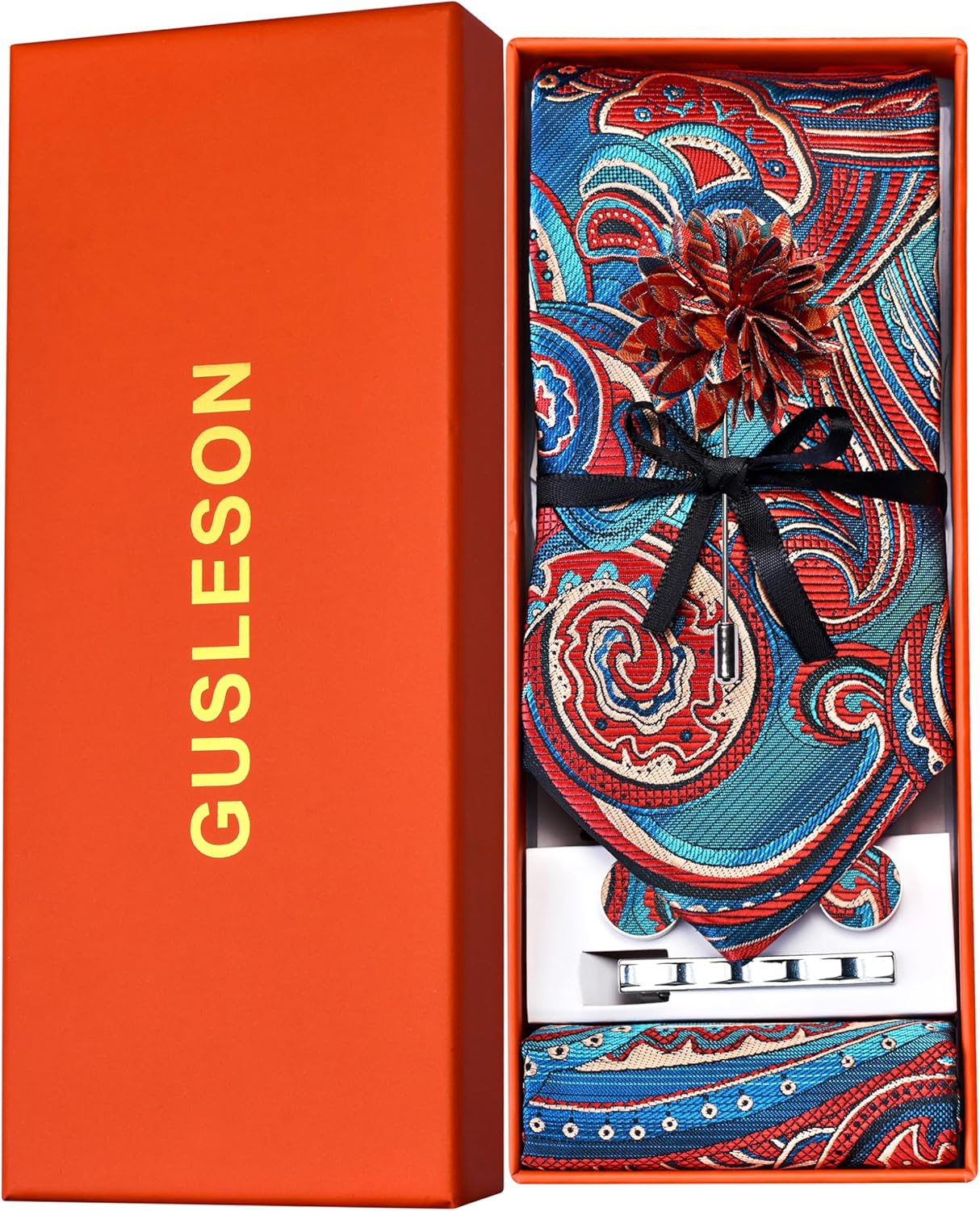 GUSLESON Tie Set for Men Necktie and Pocket Square,Tie Clip,Cufflinks, Lapel Pin Sets with Gift Box 5PCS