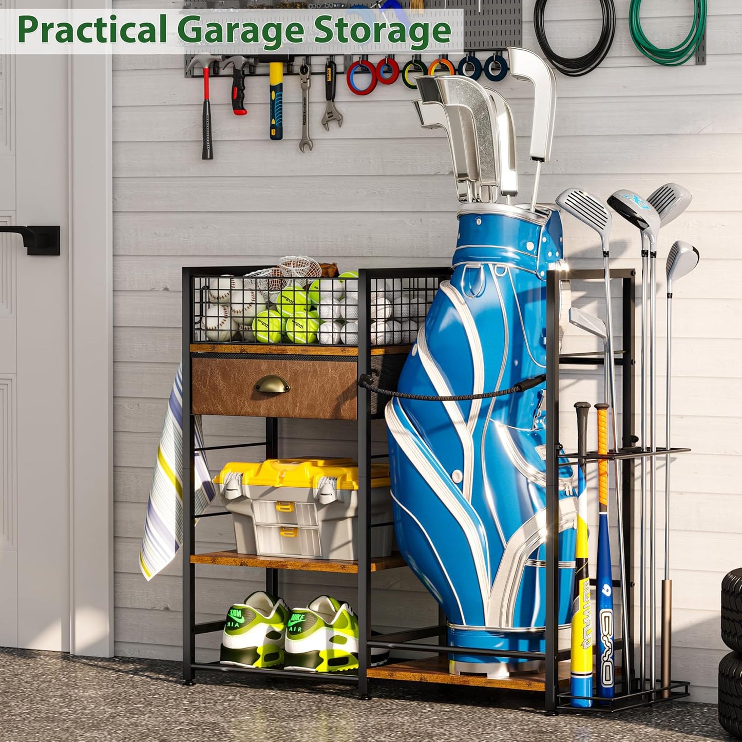 Golf Bag Organizer with Drawer for Golf Accessories for Men, Golf Bag Stand with Extra Storage Rack for Clubs, Golf Bag Holder for Golf Storage Fits 1 Bag, Garage, Home or Club Use, Golf Gifts for Dad