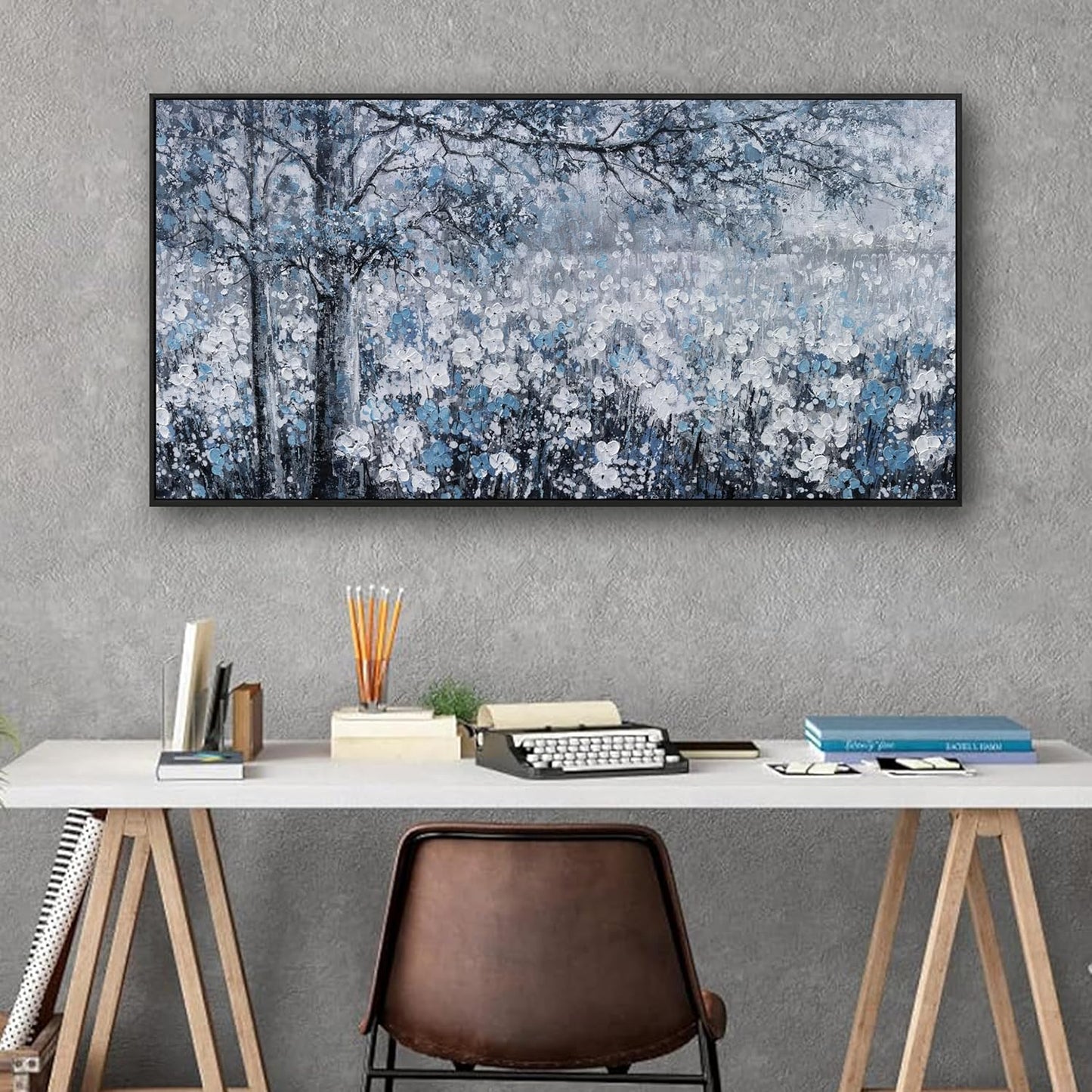 Canvas Wall Art Print Paintings Blue And White Abstract Tree Flower Landscape Home Prints Decor Framed Ready To Hang For Living Room Bedroom And Office Home Kitchen Artwork 20"×40"