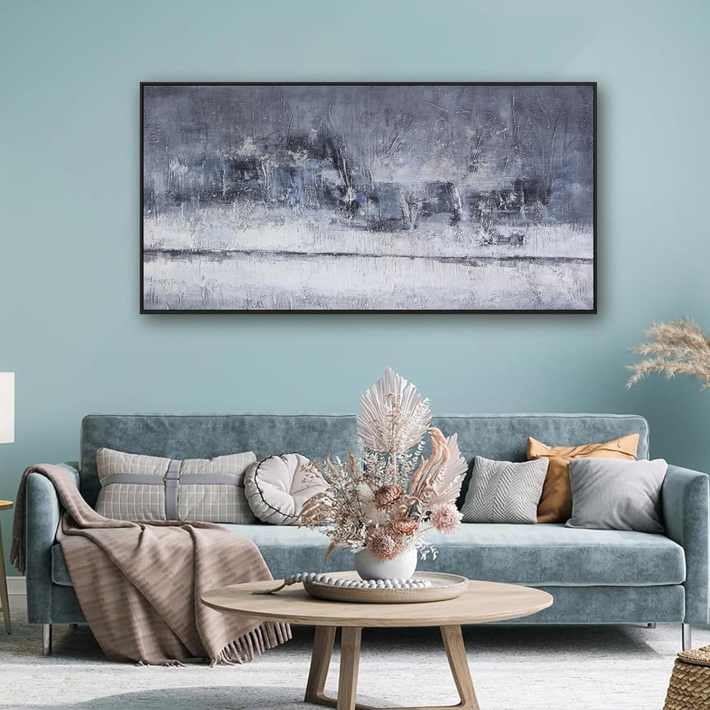 Abstract Wall Art Canvas Artwork Gray And White Blue Decor Modern Canvas Wall Prints Abstract Wall Decor Suitable For Bedroom Apartment Office Wall Decor Can Be Hung 24"X48"With Framed