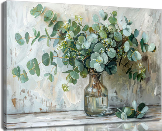 Eucalyptus Flower Glass Vase Canvas Wall Art Bathroom Wall Decor Vintage Farmhouse Botanical Posters Painting Rustic Mason Jar Flower Arrangement Pictures Print for Bathroom Bedroom Decoration Framed