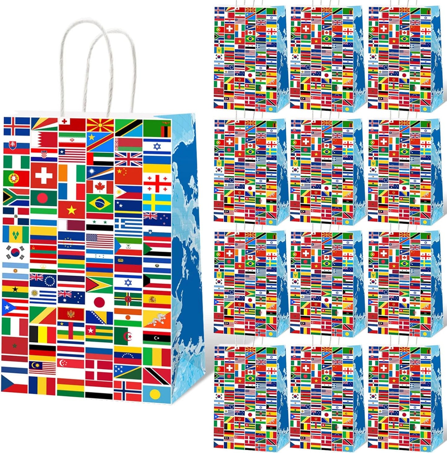12 Pcs World Country Flags Party Supplies Bags International World Birthday Party Goody Bags Travel Trip Around the Globe Birthday Retirement Paper Bags Party Decorations Party Gifts