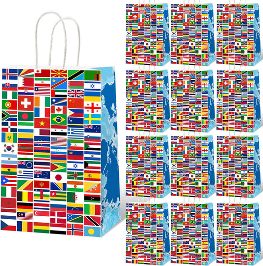 12 Pcs World Country Flags Party Supplies Bags International World Birthday Party Goody Bags Travel Trip Around the Globe Birthday Retirement Paper Bags Party Decorations Party Gifts