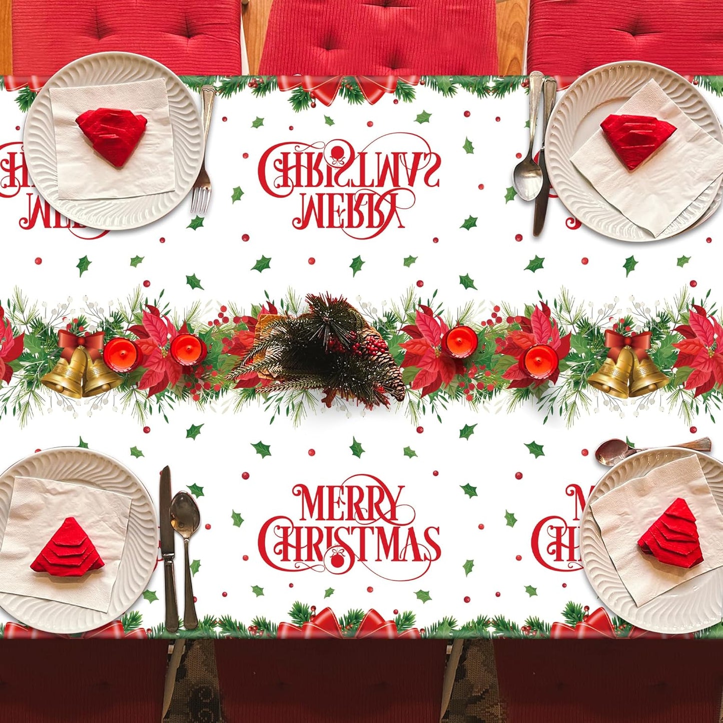 QZYL 2 Pack Christmas Tablecloths, 54" x 108" Xmas Plastic Table Cloth, Poinsettia Holly Bells Design Holiday Disposable Tablecover Rectangle Tablecloth, Christmas Decor Holiday Table Decorations