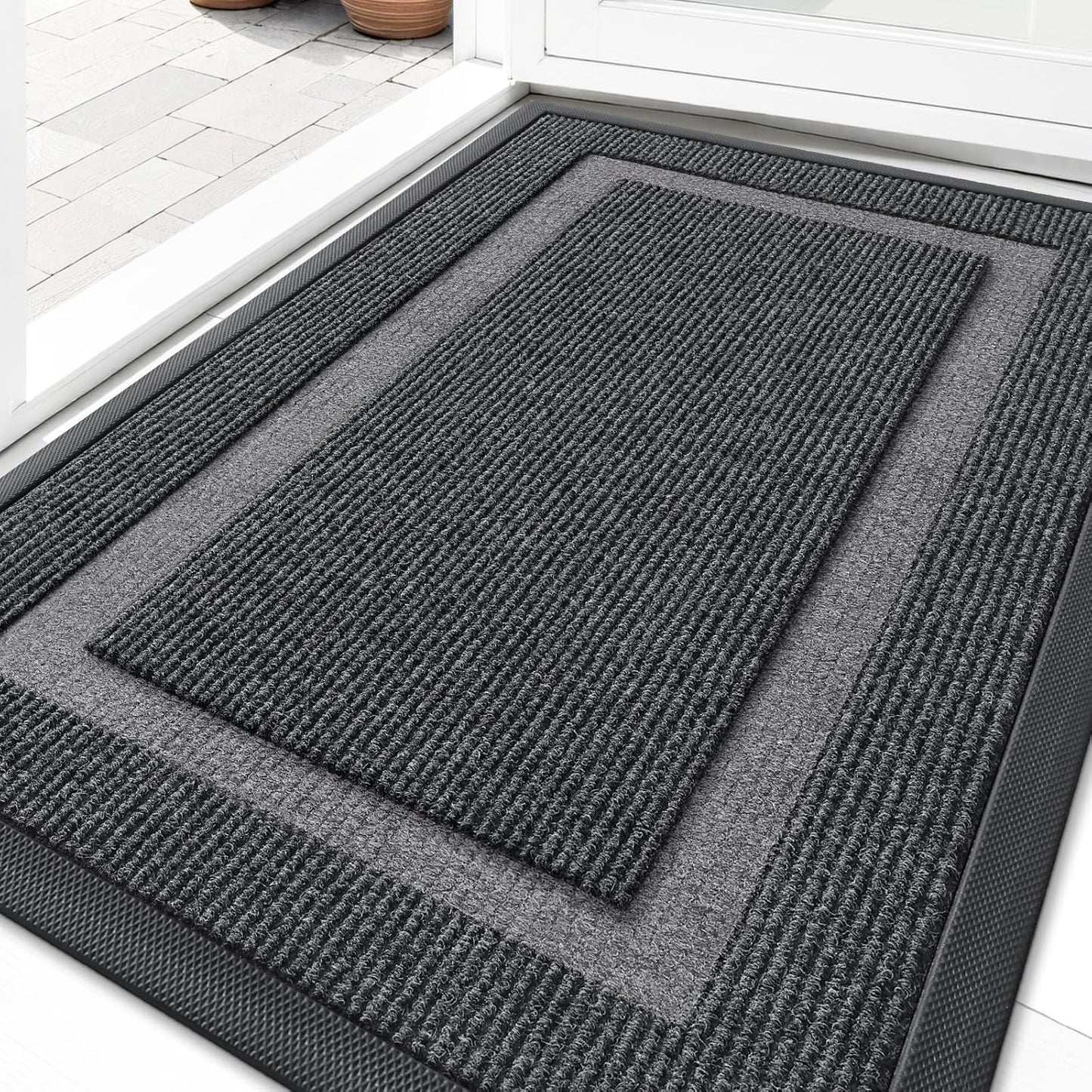 OLANLY Front Door Mat Indoor Outdoor Entrance, Waterproof All-Season, All-Weather Doormat, Sturdy Natural Rubber, Fade Resistant, Low Profile, Easy Clean Patio Porch Entryway Mat, 36x24, Grey