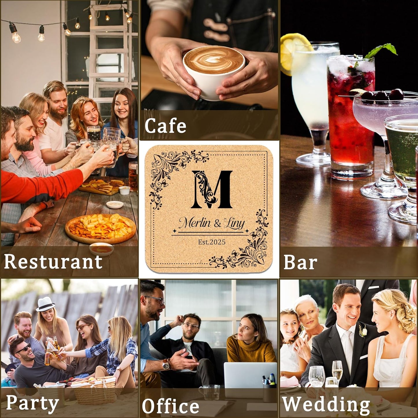 30-100Pcs Personalized Coasters, Custom Cork Drink Coasters with Laser Engraved Text Name Logo, Non-Slip, Heat-Resistant, Custom Wedding, Anniversary, Housewarming Gifts (Suqare Version)