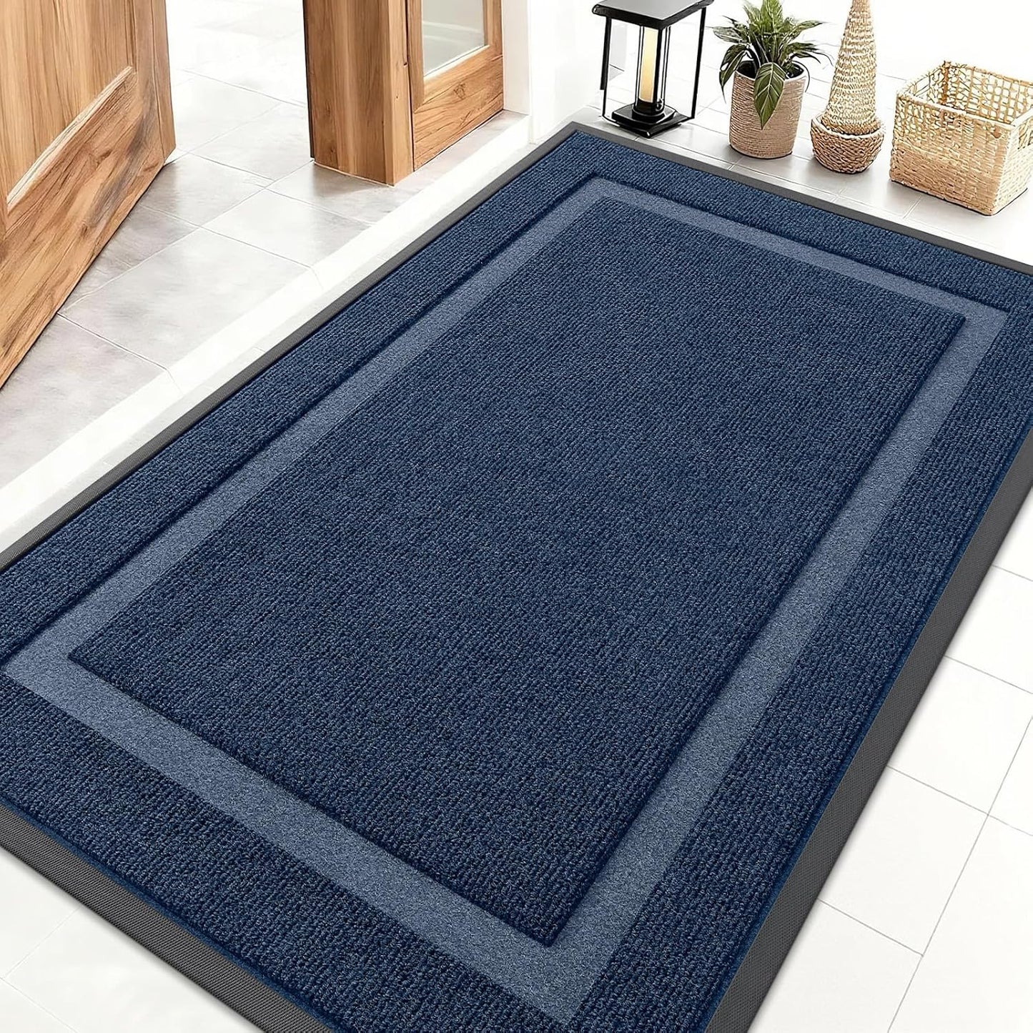 OLANLY Front Door Mat Indoor Outdoor Entrance, Waterproof All-Season, All-Weather Doormat, Sturdy Natural Rubber, Fade Resistant, Low Profile, Easy Clean Patio Porch Entryway Mat, 71x47, Blue