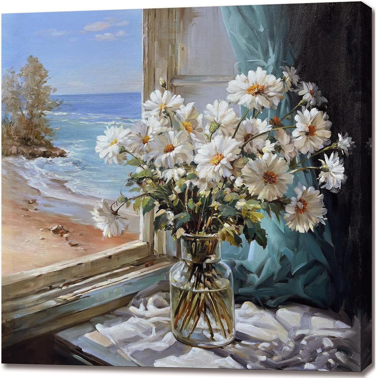 Bathroom Wall Decor White Flowers Canvas Wall Art Print Blue Beach Picture Ocean Modern Poster Coastal Seascape Painting Floral Daisy Artwork for Office Bedroom 20"x20"