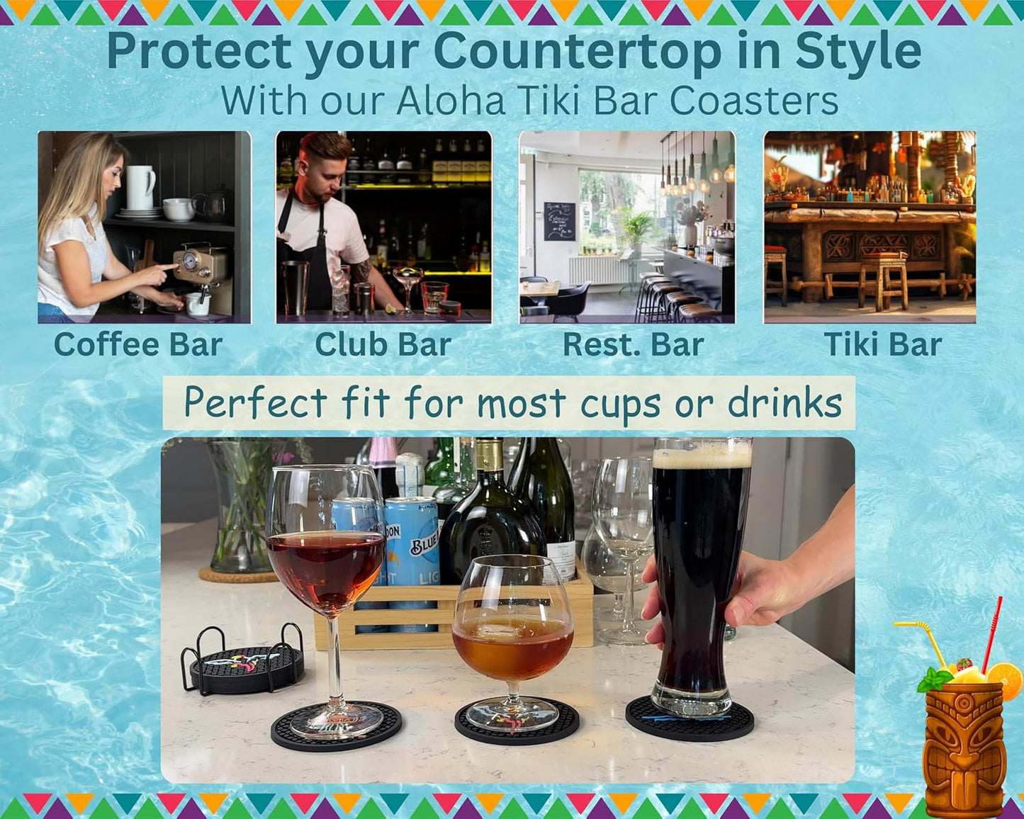 Aloha Tiki Bar Drink Coasters Set of 6 with Holder for Hawaiian and Luau Party Decorations with Tiki Warrior, Wave & Palm Tree and Parrot Designs, Tiki Bar Decor Silicone Coasters, Aloha Party Decor