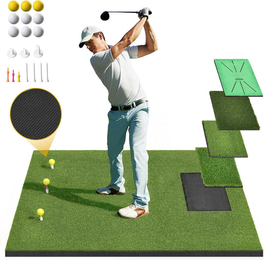 5x4ft Golf Hitting Mat, Thickened 21mm/31mm/36mm Artificial Turf Golf Practice Mats for Indoor Outdoor Backyard Driving Swing Training with 9 PU Balls, 3 Rubber Tees, 7 Tees