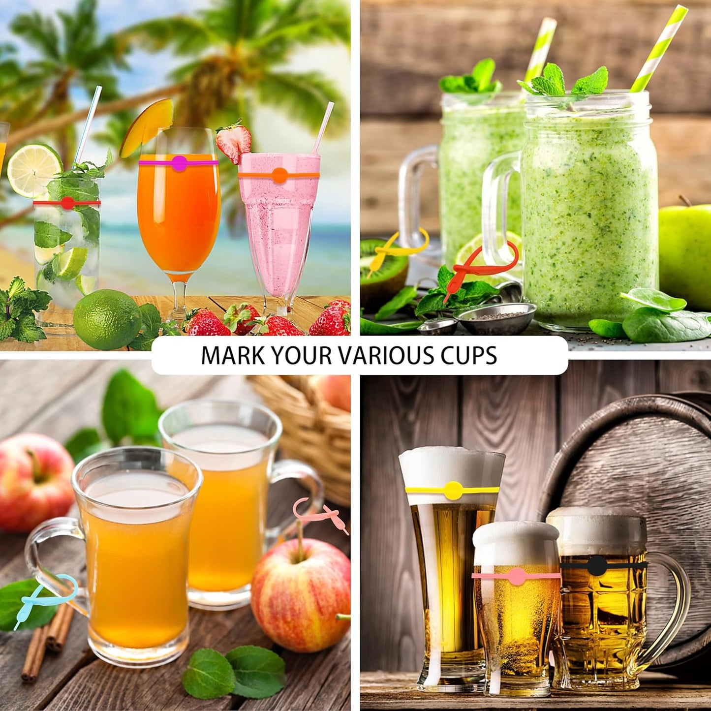 Lasiyanor Cup Markers for Drinks, 24Pcs Silicone Drink Marker Bands Bottle Strip Tag for Bar Party Martinis Cocktail Champagne Stem Glasses