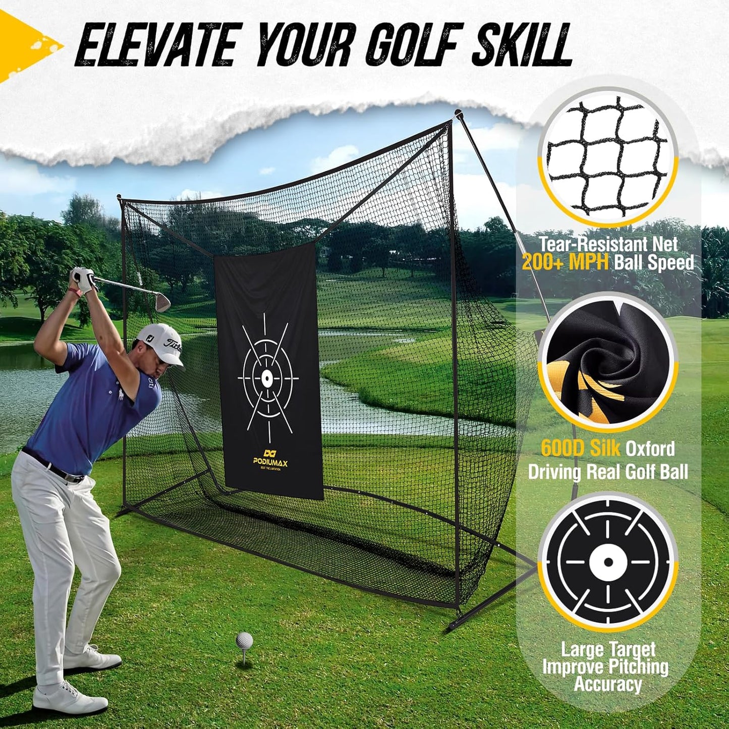 PodiuMax Golf Net, 10x7ft Golf Practice Net with Noise Reduce Silk Target Driving Real Balls, Hitting Nets for Backyard Garage, Improve Chipping Putting Pitching, Gift for Men & Golfers